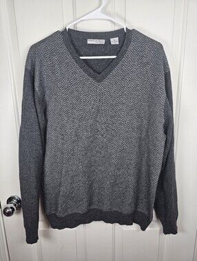 American Blue Cashmere V-Neck Mens Sweater Gray Herringbone Size M